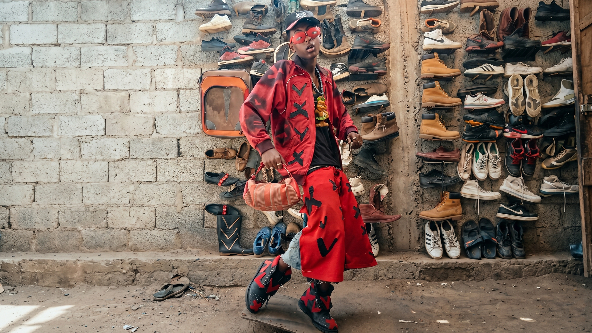 Kaluputics in red upcycled garb, photographed in front of a wall of stacked sneakers in his Mekelle neighbourhood.